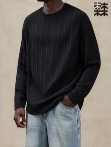 mulinsen Men's Round-Neck Knit Sweater With Textured Cable Pattern, Long Sleeve, Loose Drop Shoulder Casual Crewneck Top For Spring/Autumn Commuting - Black - View 1