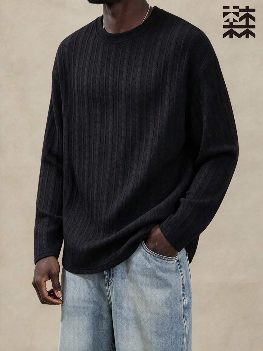 mulinsen Men's Round-Neck Knit Sweater With Textured Cable Pattern, Long Sleeve, Loose Drop Shoulder Casual Crewneck Top For Spring/Autumn Commuting - Black - View 1