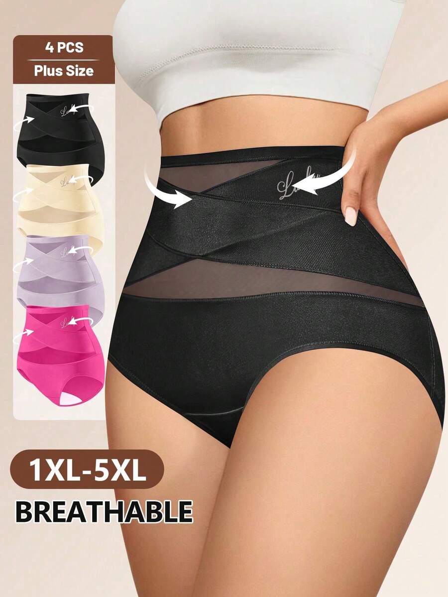 MIOTAN 4pcs/Pack Plus Size Women's Soft Mesh Patchwork Crisscross Trim Bikini Panties - Multicolor - View 1