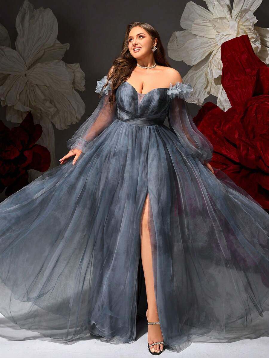 VIPGIRL Plus Size One-Shoulder Evening Gown For Women With 3D Floral Puff Sleeves, Mesh Long Skirt With Slit, Fairy Style Formal Party Dress - Dusty Blue - View 1