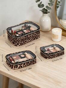 3pcs Leopard Print PU Makeup Bag Set, Transparent Design Toiletry Bag 3 Pieces Set, One Set Meets All Needs, Designed For Daily Use And Carrying - Multicolor - View 7