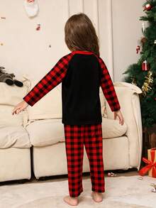 Tween Girl Christmas Pajama Set 2pcs, Contrast Raglan Sleeve Design, Round Neck Blessing Words Santa Claus Gift Print Long Sleeve Top, Red & Black Plaid Pajama Pants, Holiday Loungewear Set, Christmas Gift - Multicolor - View 4