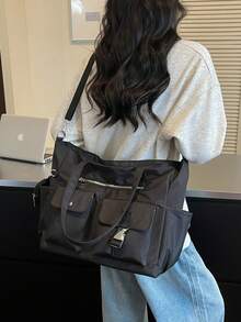 New Casual Solid-Color Nylon Shoulder Tote Bag With Coin Pouch Charm, Stylish Metal Buckle And Zipper Accents, Large Capacity, Multi-Pocket Handbag - Black - View 3