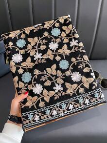 1PC Faux Cashmere Elegant Floral Embroidered Soft Scarf Women's Autumn/Winter Outerwear Thick Warm Tassel Embroidery Bohemian Style Travel Shawl Cape Suitable As Gift For Women, Mom - Multicolor - View 2