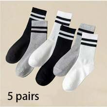 1/5/6/10 Pairs Unisex Mid-Calf Striped Socks, Double Stripe Design, Soft And Comfortable, Breathable Fabric, Suitable For Casual Home And Outdoor Sports Wear, Machine Washable - Multicolor - View 9
