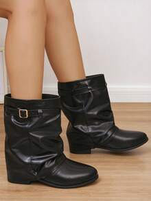 Women's Ruched Pleated Mid-Calf Wedge Boots With Metal Buckle, Round Toe, Black Ankle Boots For Autumn/Winter Commute - Black - View 5