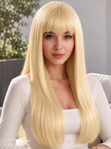 Wig Panjang Lurus Warna Emas Muda Elegan 24 Inci dengan Poni, Halus dan Alami, Modis dan Serbaguna, Cocok untuk Pemakaian Sehari-hari Wanita, Acara Pesta, dan Halloween - Emas - View 1
