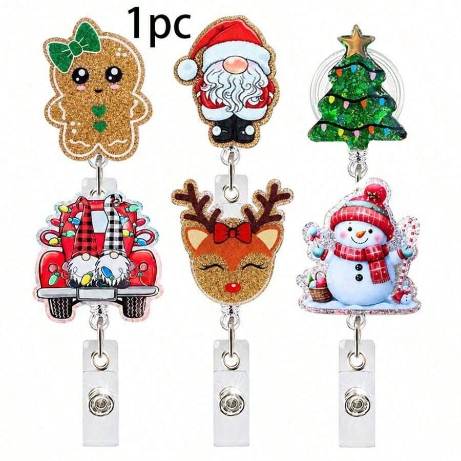1pc Christmas Acrylic Christmas Tree Snowman Badge Retractable Lanyard
