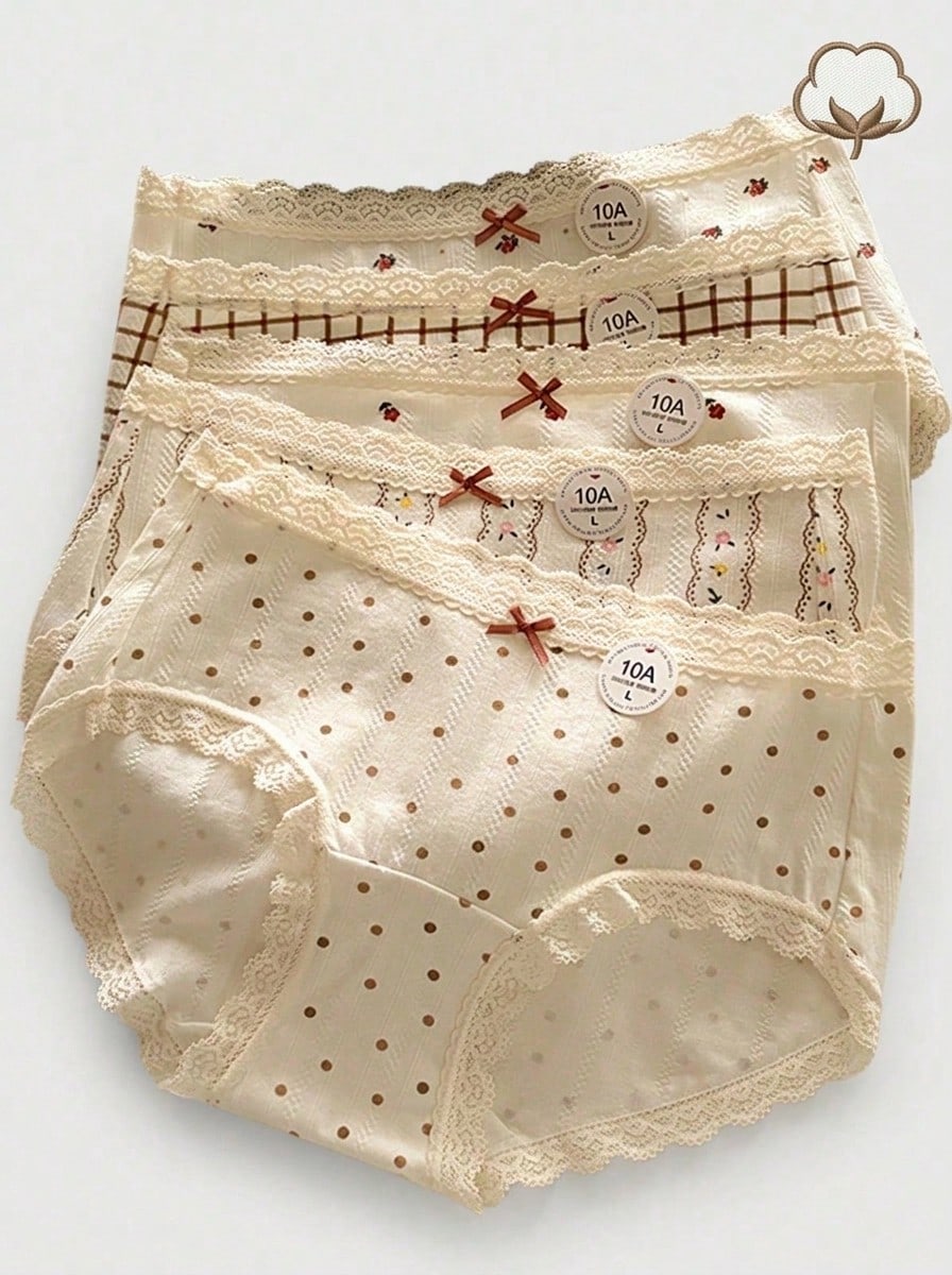 Aesletic 5pcs Lace Trim Ditsy Floral Comfortable Mid-Rise Hipster Panties For Girls, For Teen