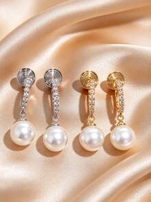 1Pair Pain-Free Coil Cushion Clip-On Earrings, Faux Pearl & Zirconia Drop Design, Luxury High-End Style, Versatile For Commute, Work & Dating - Clip - View 5