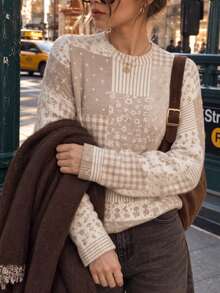 Women Khaki Patchwork Print Knit Sweater, Floral Check Long Sleeve Crew Neck Pullover, Soft Cozy Cottagecore Jumper, Fall Winter Going Out Outfit - Khaki - View 4