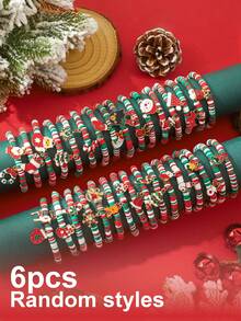 6pcs Christmas Red & Green Striped Soft Clay Elastic Bracelets With Random Christmas Metal Charms, Santa Claus, Christmas Tree, Holiday Accessories - Multicolor - View 11