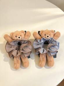 Soft Plush Teddy Bear Plaid Headband Hair Clip, Korean Style Super Cute Hair Accessory, New Hair Clip - Multicolor - View 2