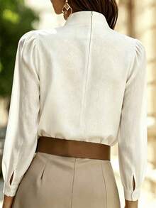 Women's High Neck Long Sleeve Blouse, Solid Color Office Casual Top, All Season Wear, Non-Sheer, Machine Washable, Versatile Style, Solid Fabric With Pleated Decor - White - View 2