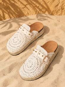 HGUIGJ Women's New Straw Woven Thick Sole Closed Toe Mesh Mule Slippers, Slip-On Retro Bohemian Style Beach Sandals, Suitable For Beach Vacation - Beige - View 11