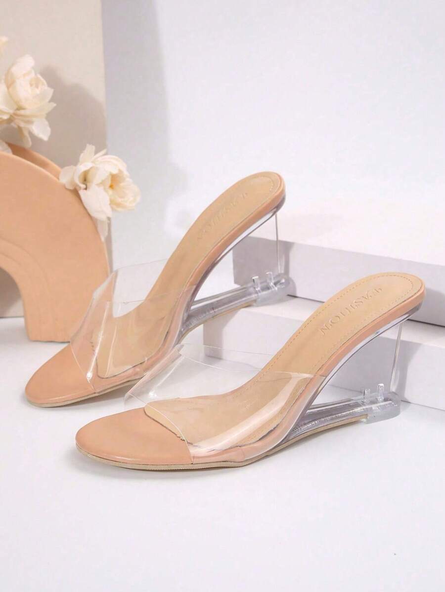 Women's Elegant Open Toe High Heel Sandals, Transparent Upper Women's Shoes, Crystal Wedge Heel Evening Shoes, Suitable For Summer Parties, Weddings - Apricot - View 1