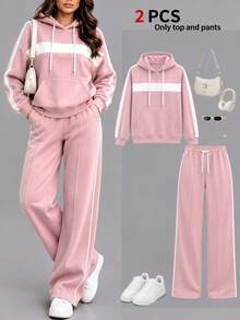 Spring/Autumn Casual Women's Fashion Commute Set, Comfortable Loose Long Sleeve Top + Straight Leg Pants 2 Pieces Set, Versatile Colorblock Top With Striped High Waist Drawstring Loose Straight Leg Pants 2 Pieces Set - Pink + White - View 1