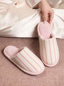 Women's Casual Minimalist Japanese Style Striped Slippers, Autumn/Winter Indoor Home Warm Cozy Plush Slides - Pink - View 2