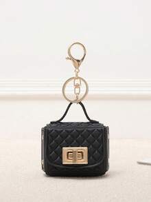 New Embossed Quilted Key Pouch, Mini Keychain, Hanging Charm Accessory. - Black - View 1
