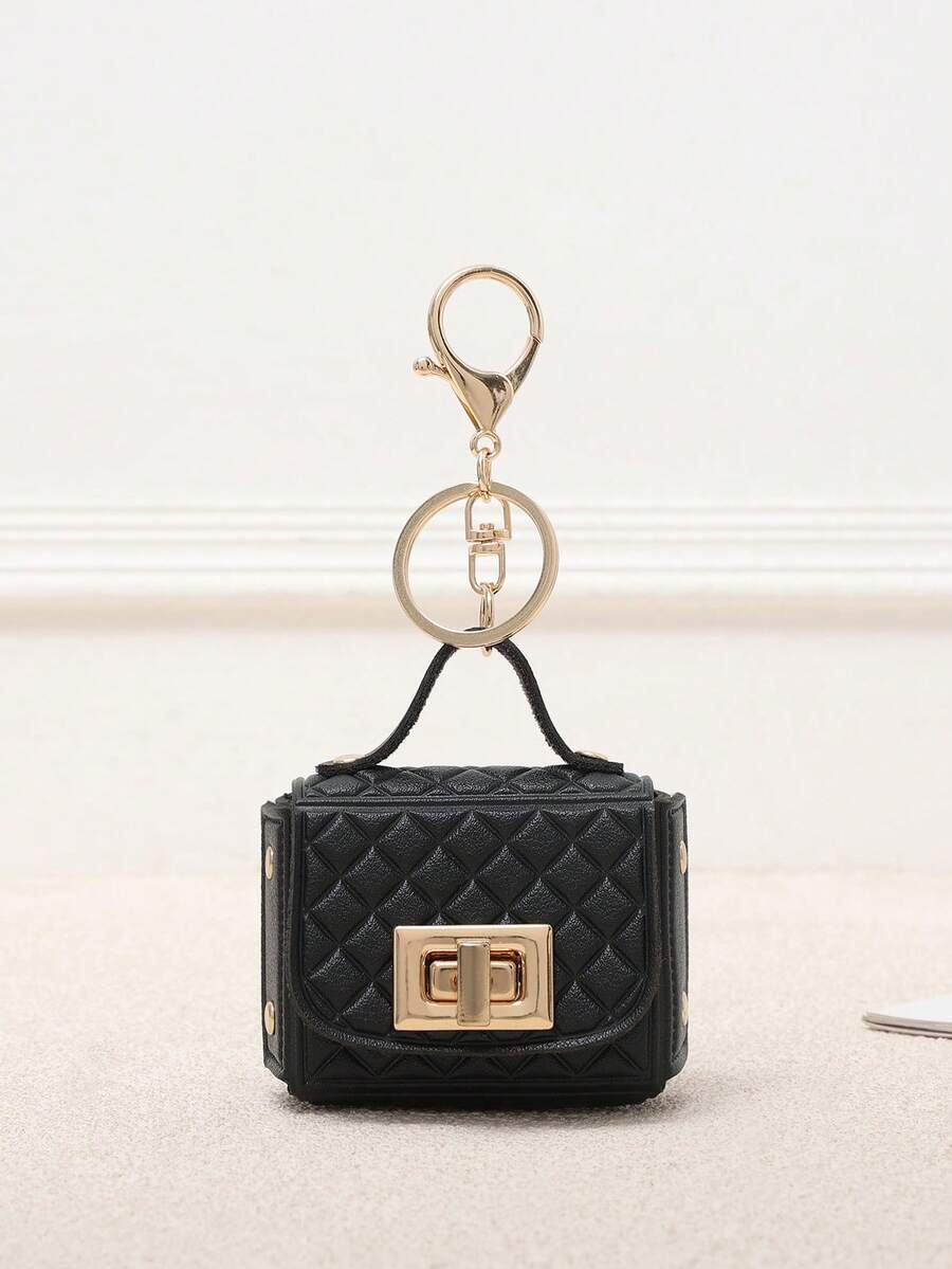 New Embossed Quilted Key Pouch, Mini Keychain, Hanging Charm Accessory. - Black - View 1