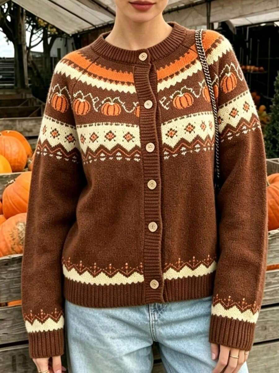 Autumn/Winter Halloween Pumpkin Pattern Knit Cardigan, Loose Fit Slimming Round Neck Button Sweater Jacket For Women - Multicolor - View 1