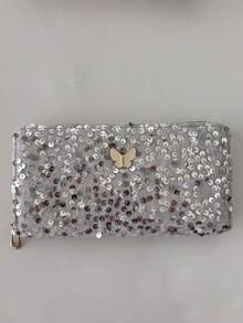 1pc Sequin Glitter Long Wristlet Clutch Wallet, Butterfly Decor Zipper Style, Evening Party Date Handbag, Ideal Gift For Women - Multicolor - View 15