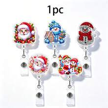 1pc Christmas Santa Claus Snowman Retractable Badge Reel, Nurse ID Card Holder, Anti-Lost Badge Clip - Multicolor - View 1