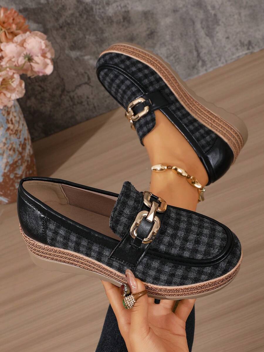 復古格紋金屬扣樂福鞋,仿編織楔形厚底一腳蹬輕便休閒居家鞋 - 黑色 - 查看 1