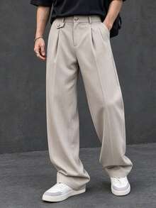 Men's Woven Fashion Casual Solid Color Pleated Design Light Apricot Straight Leg Loose Long Suit Pants, Suitable For Summer, Campus, Autumn - Apricot - View 7