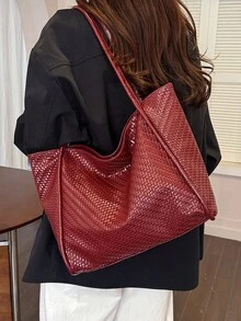 時尚極簡編織PU材質女款托特包，高端百搭純色大容量收納肩背包/通勤包 - 酒紅色 - 查看 3