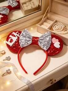 Disney1pcs Heart Mouse Ears Headband, Red Sequin Bow Cosplay Party Hair Accessory For Adults - Multicolor - View 4