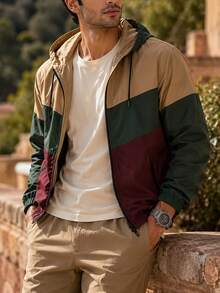 Jaket Berkerudung Pria Motif Blok Warna Musim Gugur/Dingin, Jaket Olahraga Kasual Retro Longgar dengan Kombinasi Tiga Warna - Khaki - View 7