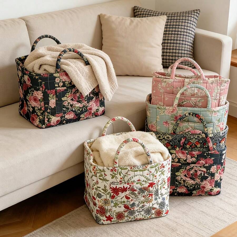 Large Flower Series [Storage Basket] Vintage Quilted Floral Portable Large Capacity Home Storage Basket Suitable For Multiple Scenarios. - Multicolor - View 1