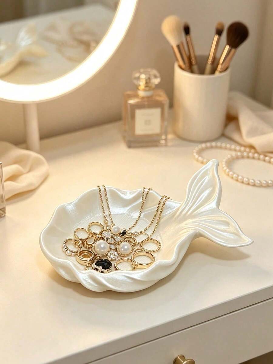 1pc Mermaid Tail Plastic Jewelry Tray, Fish Tail Small Accessory Storage Dish, Suitable For Rings, Earrings, Necklaces, Vanity Decor Jewelry Organizer - White - View 1