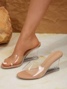Women's Elegant Open Toe High Heel Sandals, Transparent Upper Women's Shoes, Crystal Wedge Heel Evening Shoes, Suitable For Summer Parties, Weddings - Apricot - View 6