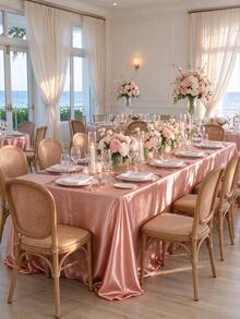 1pc Luxury Rose Gold Satin Rectangular Tablecloth, Wrinkle-Resistant Shiny Polyester Dining Tablecloth, Suitable For Wedding Banquet, Bridal Shower, Birthday Party And Romantic Home Decor - Rusty Rose - View 4