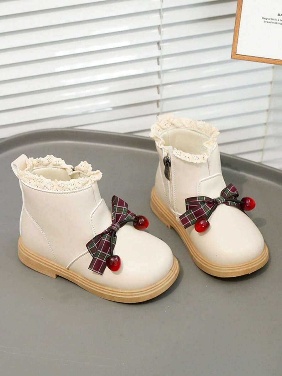 Girls' Comfortable Versatile Sweet Lace Bow Ankle Boots - Beige - View 1