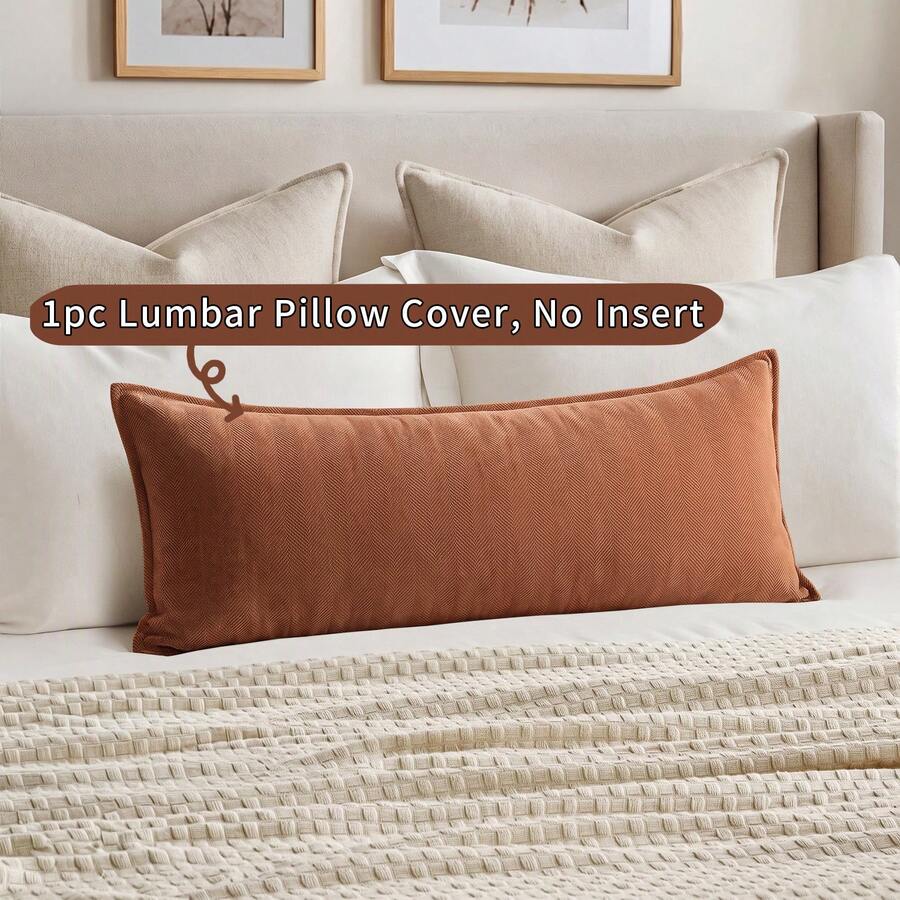 1pc Terracotta Waist Pillow Case, Herringbone Texture Rectangular Throw Pillow Cover With Piping, Decorative Sofa Cushion Cover Without Insert, Autumn Home Decor - Orange - View 1