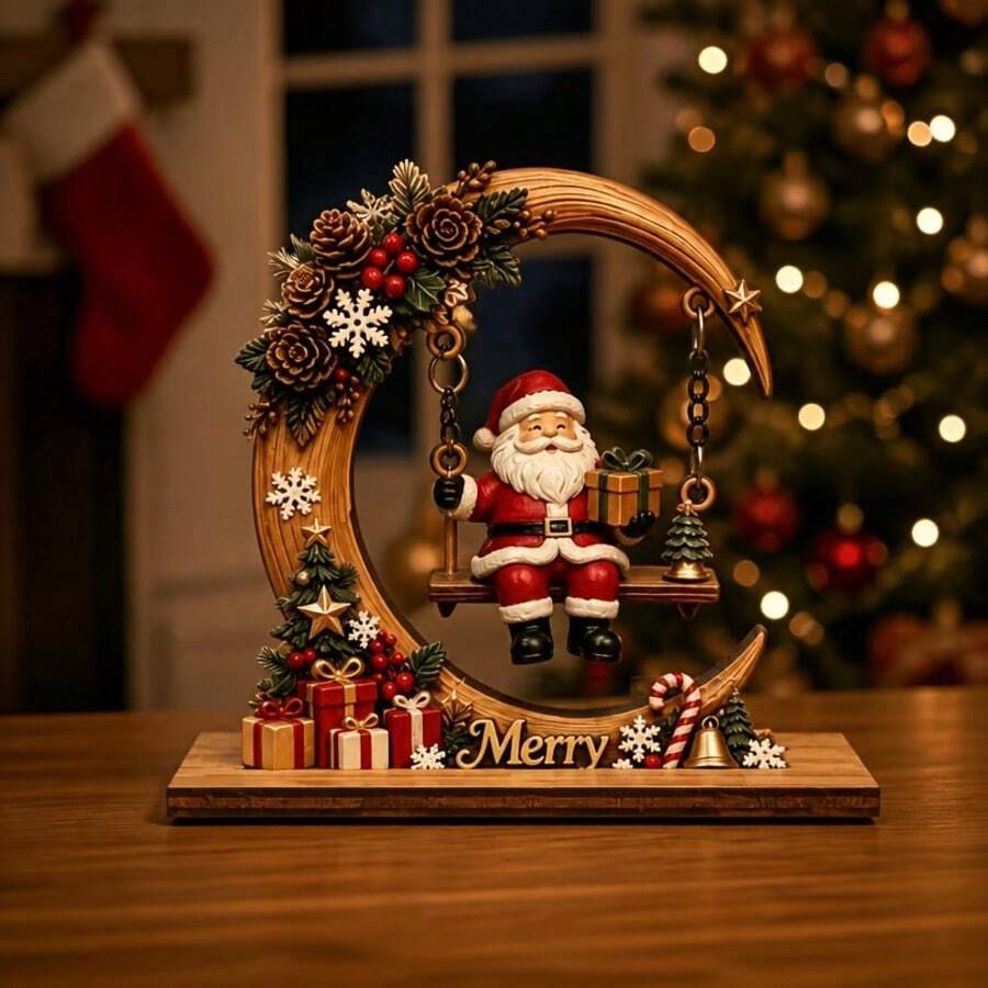2D Flat Wooden Santa Claus Swing Ornament, Christmas Desktop Decor, Holiday Home Tabletop Craft Decoration, Suitable For Christmas Party, Christmas And Halloween - A - View 1