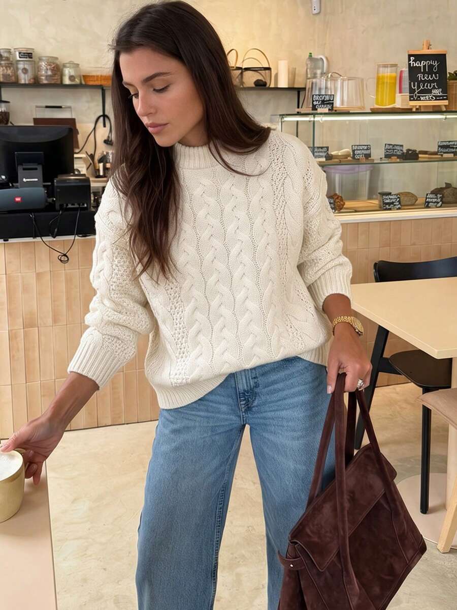 Just Masa Women's Fall Winter Casual Cable-Knit Sweater Tops,Solid Color Round Neck Long Sleeve Rib-Knit Pullover,For Daily Wear,Going Out,Commute - Apricot - View 1