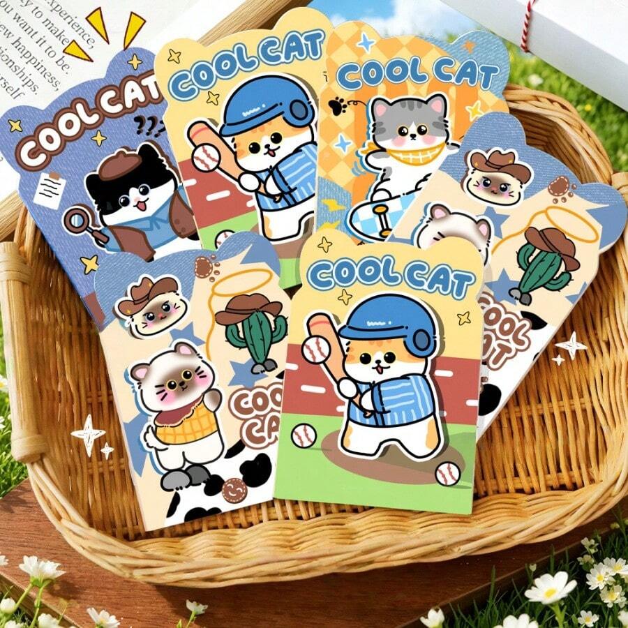 4pcs/8pcs/12pcs Cool Cat Shaped Cover Mini Notebooks, Cartoon Sports Cat Pocket Memo Pads, Student Prize Portable Notebooks - Multicolor - View 1
