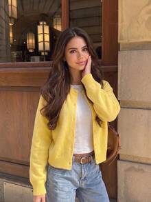 Women's Yellow Knit Cardigan, Suitable For Autumn/Winter Outfits, Casual Back To School, Daily Wear And Dates, Versatile Sweater - Yellow - View 4