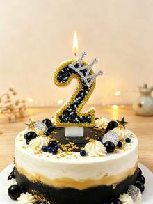 Crown Rhinestone Number Birthday Candles, Black & Gold Glitter Cake Topper With Drip-Proof Holder, 0-9 Numbers, Luxury Royal Style For Boy 1st Birthday, Sweet 16, 21st Milestone Celebration, Prince Theme Party Dessert Table Decor - Multicolor - View 3