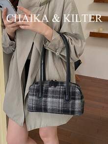 CHAIKA & KILTER 1件裝 素色麂皮布料女款復古時尚啞光保齡球包 對比色絎縫縫線 雙手提設計 拉鍊開合 適合日常與外出使用 - 黑色 - 查看 5