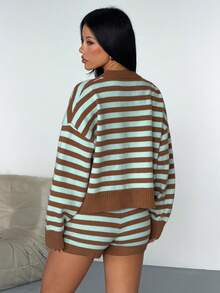 Women's Striped Print Front Button Long Sleeve Crew Neck Cropped Knit Cardigan, Casual Drop Shoulder Sweater Jacket - Mint Blue - View 4