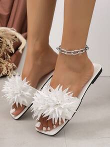1 Pair Women's Flat Sandals, Floral Decoration, Rhinestone 3D Flower, Square Toe Slide Sandals, Flat Slide Slippers - White - View 4