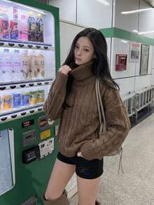 Sweater Rajut Leher Tinggi, Potongan Longgar, Bahu Jatuh, Lengan Panjang, Warna Kopi, Pakaian Musim Dingin yang Wajib Dicoba, Pullover Kasual Lembut - Coffee Brown - View 3