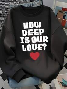 Niche Slogan HOW DEEP IS OUR LOVE 心形圖案女款寬鬆顯瘦圓領長袖衛衣 秋冬款 - 黑色 - 查看 3