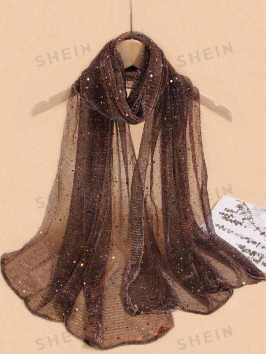 1pc Women's Bandana Lightweight Solid Color Sequin Scarf Headwrap Middle Eastern Style Decorative Scarf Sun Protection Beach Shawl Suitable For Daily Use - Coffee Brown - View 1
