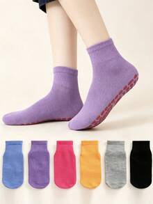 6 Pairs Children's Indoor Floor Socks, Solid Color Cotton Casual Non-Slip Grip Short Socks, Student Socks - Multicolor - View 2